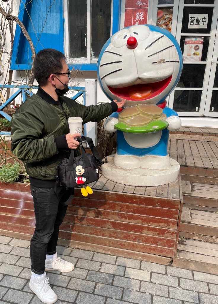 This photo shows a statue of Doraemon in Wuhan, China in 2021 near the Tanhualin area.