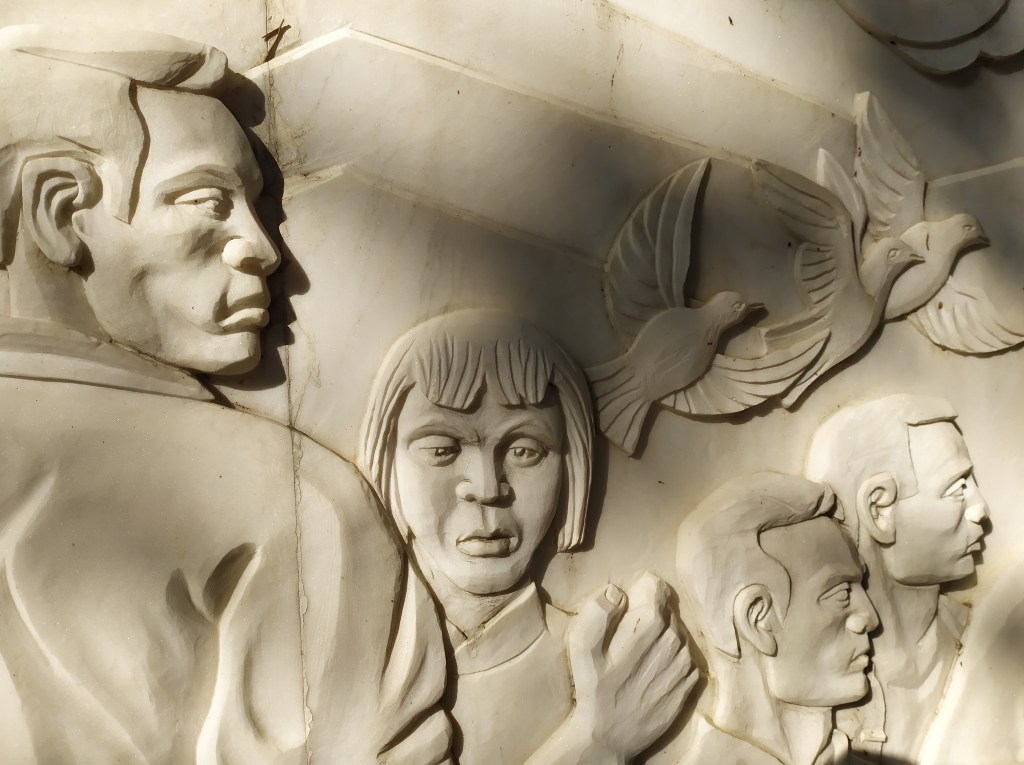 This photo shows a frieze near some graves in Wuhan, China. 