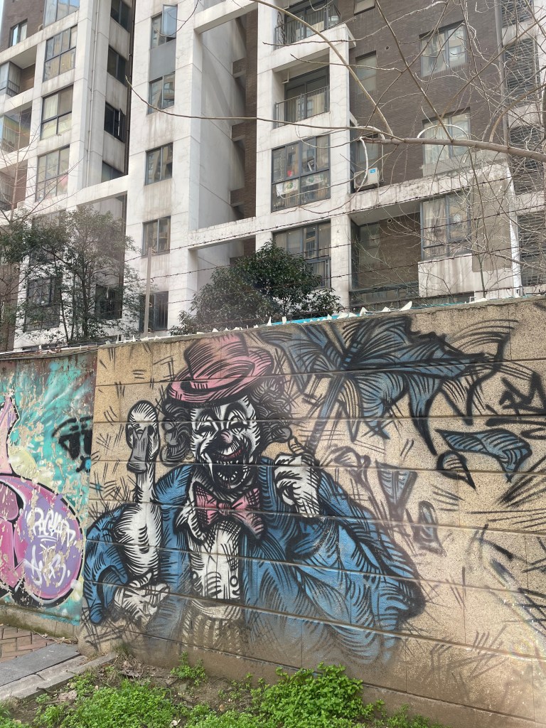 In this picture is shown some clown graffiti on a residential wall in Wuhan, China (2021)