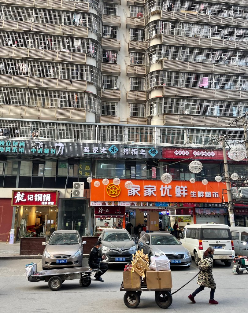 This photo shows a woman pulling a cart in front of shops and apartments in Wuhan, China (2021)